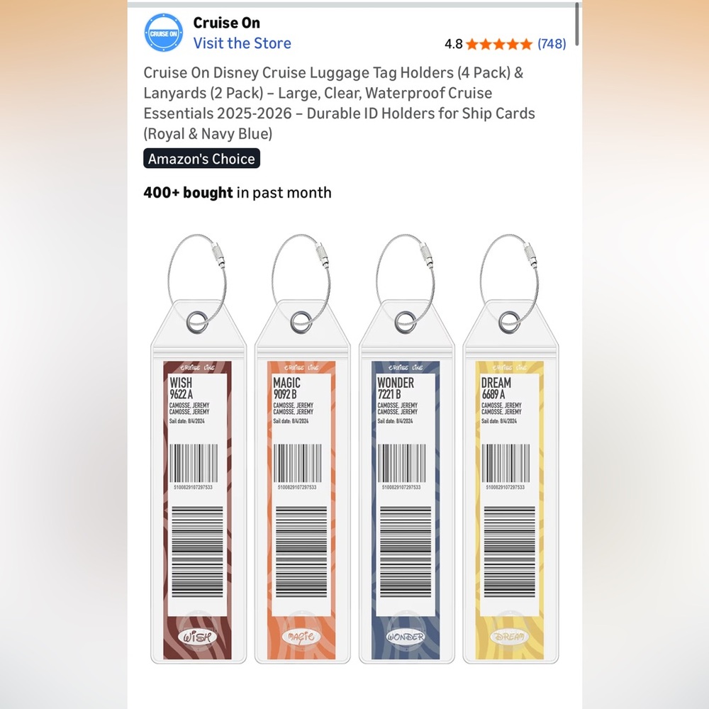 Set of 4 Luggage Tags with Wire Loop for Cruise